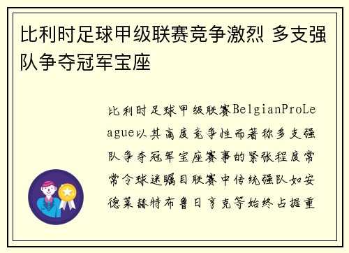 比利时足球甲级联赛竞争激烈 多支强队争夺冠军宝座