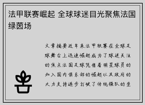 法甲联赛崛起 全球球迷目光聚焦法国绿茵场